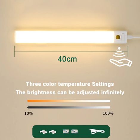 Lampe LED pour meuble (40 cm) avec détecteur de présence PIR, capteur portatif, prise USB (1/5)