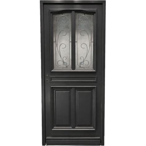 Gdmenuiseries – Porte d'entrée bois vitrée Mathilde gris anthracite – Hauteur 215 cm – Largeur 90 cm – Finition RAL 7016 pour intégration façade (1/4)