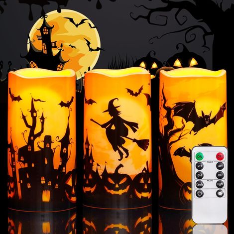 Halloween Flammenlose Kerzen mit Fernbedienung Timer, Orange Batteriebetriebene Wasserdicht Outdoor LED-Kerzen, Gruselige Kerzen für Halloween-Deko, Hexen, Fledermäuse, Burgen, Kürbisse, 3er-Set (1/5)