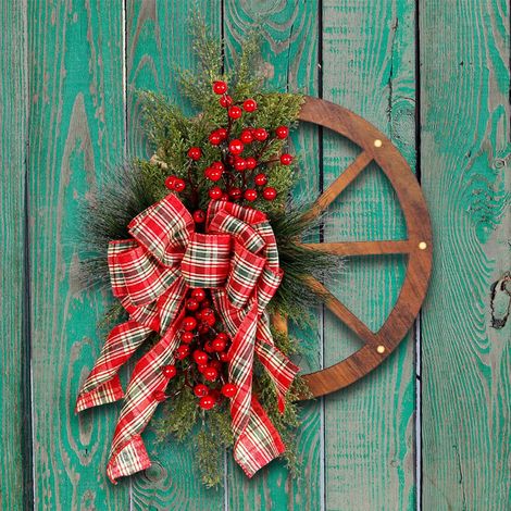 Guirlande En Bois - Roue De Charrette Vintage 39 X 51 Cm - Décoration Murale Pour Porte D Entrée Jardin Extérieur Noël Hiver (1/5)