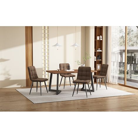 Ensemble salle à manger 5 pièces table + 4 chaises cuisine moderne bois pieds métal noir plateau MDF noyer chaises velours marron