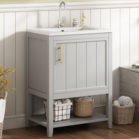 Lavabo 61x47x87 cm, avec vasque en céramique, meuble de rangement, cloisons ouvertes, poignées dorées, meuble de salle de bain - Gris (1/5)