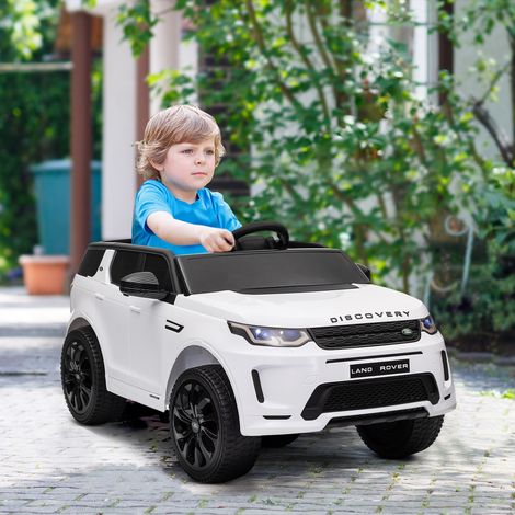 Elektrisches Kinderauto für Kinder von 3–6 Jahren, 12 V, Land Rover Discovery-Lizenz, 3–5 km/h, zwei Motoren, Fernbedienung, Sicherheitsgurt, Musik, Hupe und Scheinwerfer, Weiß
