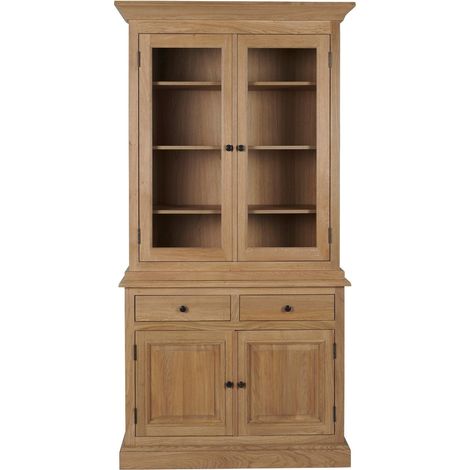 Hellin – Buffet vaisselier en chêne massif 2 portes vitrées – 2 tiroirs – Dimensions L 107 x P 42 x H 210 cm – Finition patinée (1/5)