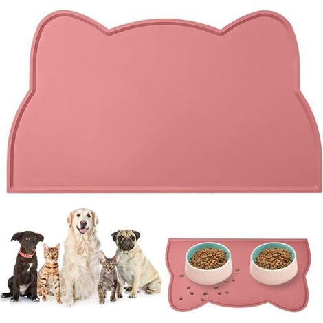 1 tapis de gamelle pour chien et chat rose 45 x 26 cm, tapis de gamelle antidérapant en forme de tête de chat mignon, tapis d'alimentation en silicone imperméable (1/4)
