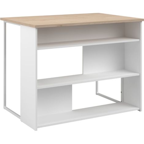 Ilot de cuisine avec rangement plateau aspect bois socle blanc et pieds métal - HUBERT (1/5)