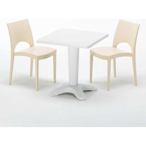 Tavolino Quadrato Bianco 70x70 cm con 2 Sedie Colorate Paris Patio - Beige