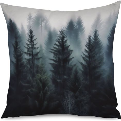 Housse de coussin, Coussin décoratif paysage brumeux, forêt verte (1/5)