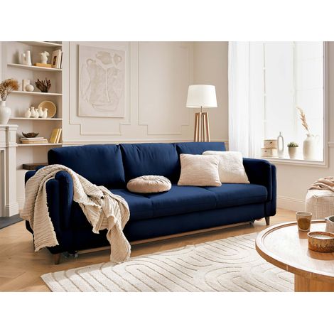 Lisa Design – Canapé convertible 3 places en velours bleu nuit – Structure bois massif – Assise mousse polyuréthane – Dimensions 230x85x88 cm (1/5)