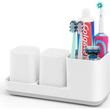 Porte-brosse à dents, porte-brosse à dents et dentifrice, gobelet à dents, 2 gobelets à dents de salle de bain, plastique, blanc (1/5)