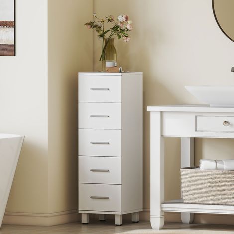 Cómoda de 5 cajones para dormitorio y salón, de madera con certificación FSC, 30x30x95 cm, blanca.