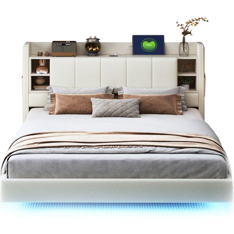 Cama doble tapizada 140/200 cm beige de lino con LED, USB y almacenaje en cabecero (1/5)
