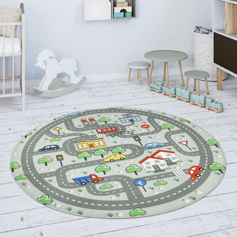 Paco Home Kinderteppich Teppich Kinderzimmer Spielmatte Spielteppich Rutschfest Grau 150 cm Rund