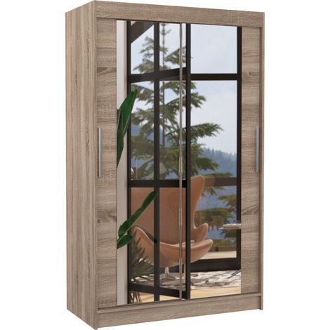 Petite armoire moderne de chambre à coucher bois truffe avec 2 portes coulissantes miroir Ibizo 120cm (1/5)