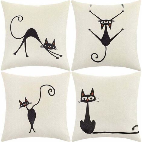 Housse de coussin 45x45 cm, lot de 4 housses de coussin décoratives à motifs floraux, marins et végétaux tropicaux pour canapé et fauteuil de salon (chat, coton et lin) (1/5)