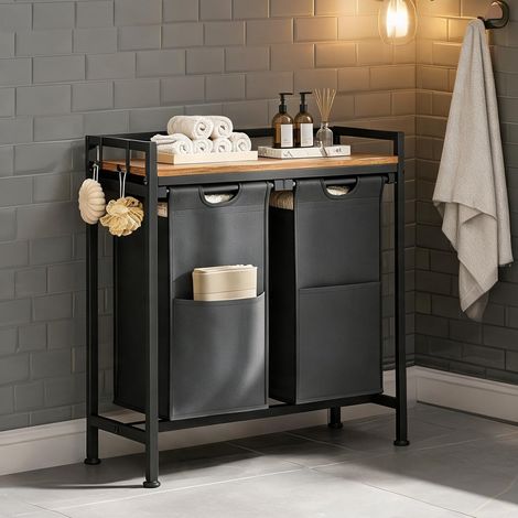 Colonne de rangement salle de bain noir et bois avec paniers (1/5)