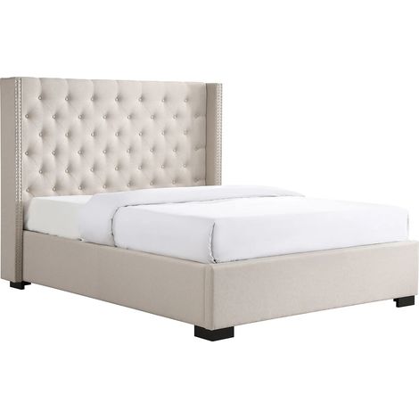 Vente-Unique – Lit 200 x 200 cm avec tête de lit capitonnée – Tissu 100 % polyester – Structure MDF et contreplaqué – 2 places – Charge maximale 230 kg (1/3)
