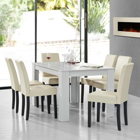 Mesa de comedor + 6 sillas Forssa MDF y polipiel 140x90x77cm - Blanco + Crema [en.casa] (1/5)