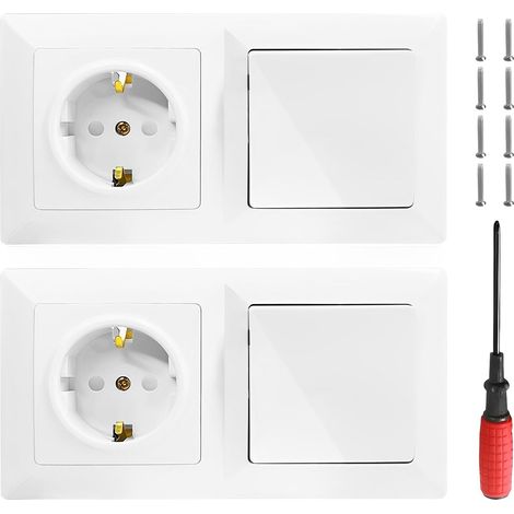 2 Pièces Prise Encastrée Interrupteur Universel Tout-en-un 16A 230V Prise avec Interrupteur Mural Combiné avec Protection de Contact Installation Facile pour Salon Bureau Couloir Cuisine (1/5)