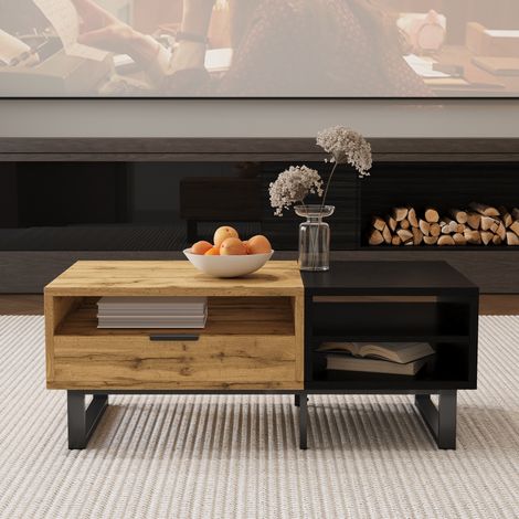 Table basse 100x50x40cm - structure color block, Table de Salon avec compartiments de rangement et tiroir, pieds en métal, convient pour salon, chambre - Noir (1/5)