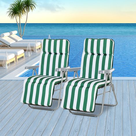 Chaise longue plage pliante inclinable en deux pièces chaises longues jardin coussin rembourré - Couleur: Blanc, Vert
