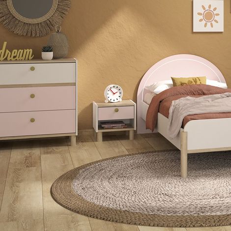 Chevet enfant 1 tiroir 1 niche 39 cm décor rose, blanc et chêne - KAI (1/5)