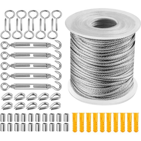 Kit de câble en acier inoxydable de 50 m, câble de 2 mm, treillis en acier recouvert de PVC, câble en acier avec œillets, tendeur de câble M5, tendeur en acier inoxydable pour corde à linge.