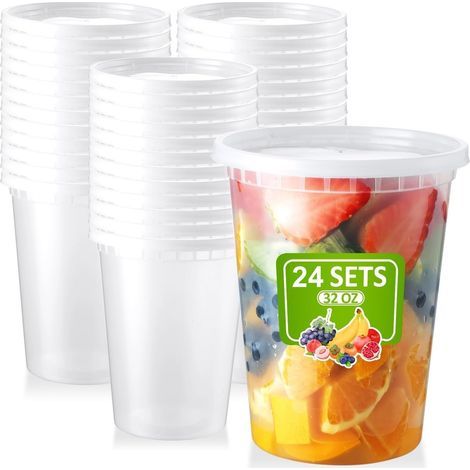 24-teiliges Set wiederverwendbarer Kunststoffbehälter mit Deckel (950 ml/32 oz) zur Aufbewahrung von Lebensmitteln, auslaufsicher, gefriergeeignet, mikrowellengeeignet, Suppenbehälter (1/5)