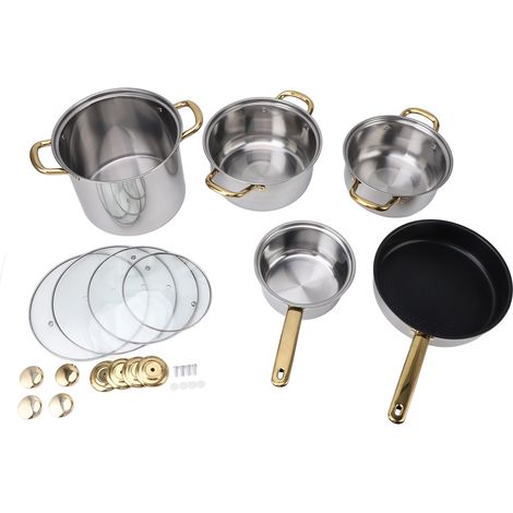 Ensemble casseroles et poêles acier inoxydable, poignée dorée ergonomique avec couvercles verre cuisine (1/5)