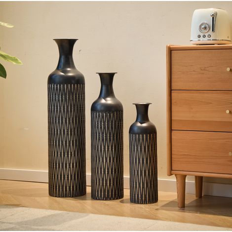 Jarrones de suelo de metal, lote de 3, negro, relieve ranurado vertical OKMYHOME (1/5)
