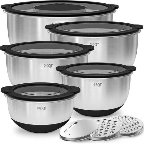 Lot de 5 saladiers en acier inoxydable avec couvercle transparent - 4,7 l/2,8 l/1,9 L/1,4 L/0,63 l - Saladier - Noir - Antidérapants, empilables - Passe au lave-vaisselle - Avec râpe (1/5)