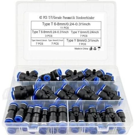 42 raccords pneumatiques T/Y/I, raccord rapide droit, air comprimé 6 mm/8 mm, raccordement compresseur avec coffret (1/3)