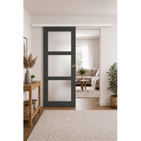 Puerta corredera Blakeria de vidrio gris antracita H204 x L93 cm, riel de aluminio con banda blanca, conchas de GD MENUISERIES (1/5)
