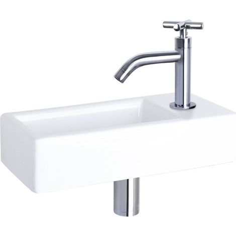 Differnz Hura kit lave-mains - 38,5x18,5x9cm - Rectangulaire - 1 trou de robinet - robinet courbé en chrome - poignée croix - Céramique Blanche (1/5)