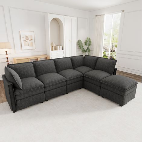 Sofá esquinero modular XXL con función cama, otomana móvil, chenilla gris OKMYHOME (1/5)