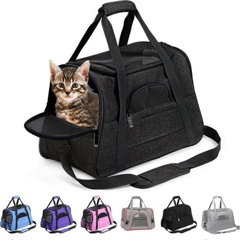 Sac de transport pour chat, convenant aussi bien aux chats qu'aux chiens, avec un matelas en peluche amovible (noir). (1/5)