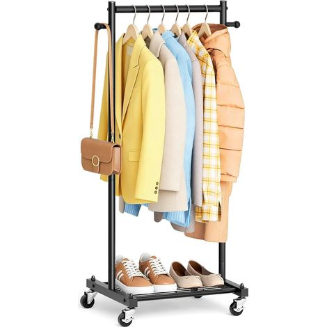 Petit porte-vêtements sur roulettes, 114 cm, étroit, avec étagères, en métal solide pour petits espaces, armoire, garde-robe, adultes et enfants, noir (1/5)