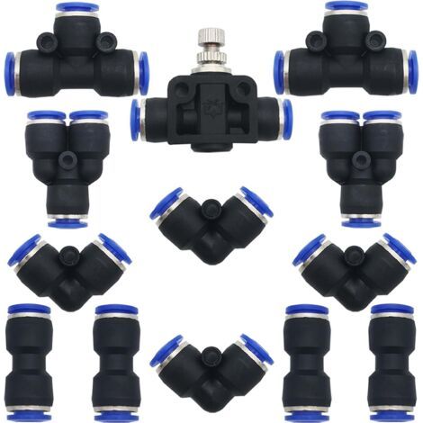 Connecteur Pneumatique, 13 pcs Raccord Rapide Air Push Kit, Connecter Raccord de Tube,pour 10mm PU/PE/nylon Tube (type Y + T + L + I + clapet d'étranglement de tuyau combiné)