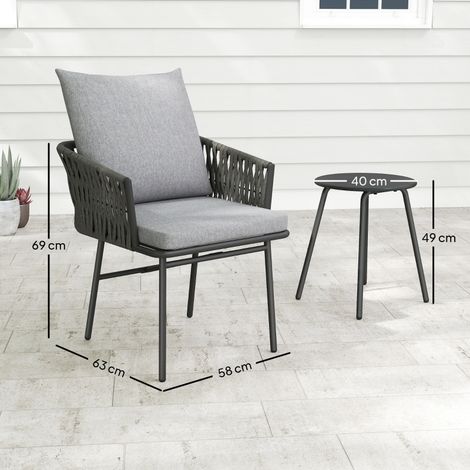 Ensemble bistro en rotin 3 pièces gris pour salon de jardin - 2 chaises, table basse et coussins amovibles mobilier de balcon terrasse structure acier