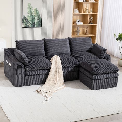 Modulares 3-Sitzer Cordsofa mit Hocker und Seitentaschen, frei kombinierbare Couch aus Cordstoff mit Federkern, 263x167x85cm, Dunkelgrau (1/5)
