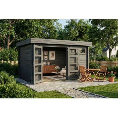Alpholz Gartenhaus Leandro Gartenhaus aus Holz in Grau, Holzhaus mit 28 mm Wandstärke, Blockbohlenhaus mit Montagematerial (1/5)