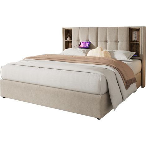 Letto matrimoniale contenitore imbottito 180x200 cm in lino con ricarica wireless, porte USB e Type-C, testiera con ripiani e rete a doghe in legno - CHICFURN (1/5)