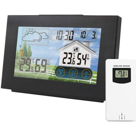 Stazione meteorologica wireless, sveglia elettronica con funzione snooze, termometro e igrometro digitale per interni ed esterni con allarme, ampio schermo LCD a colori, previsioni del tempo e pulsant