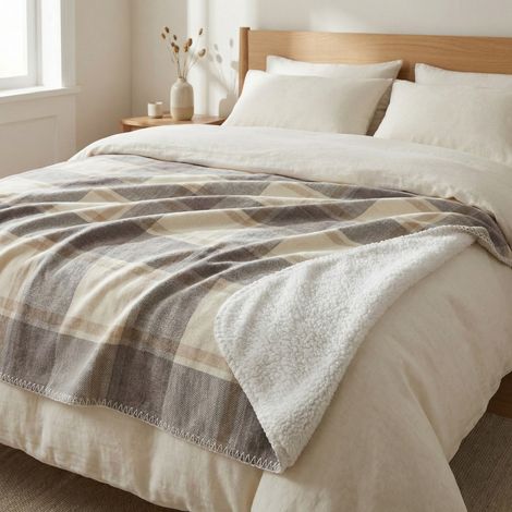 Plaid Coperta Scozzese Matrimoniale 210x230 - Doppio Lato Sherpa Agnello - Beige Tortora Morbido (1/5)