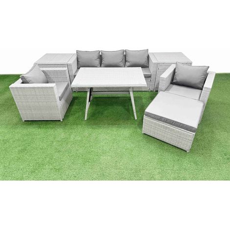Fimous 8 Pieces Outdoor PE Rattan Sofa Armchair Set Patio Garden Furniture Sets with Cushions 2 Side Tables Big Stool Light Grey (1/4)