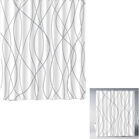 Rideau de douche rayé en polyester pour salle de bain - 180 x 180 cm - ourlet lesté - imperméable - accessoires de salle de bain style hôtel - Gris et blanc (1/5)