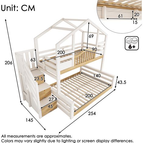 Lit superposé enfant, style cabane, aspect bois blanc et naturel, 90 x 200 cm en haut, 140 x 200 cm en bas, avec escalier, étagères de rangement, accès sécurisé, idéal comme lit familial ou lit pour d (1/4)