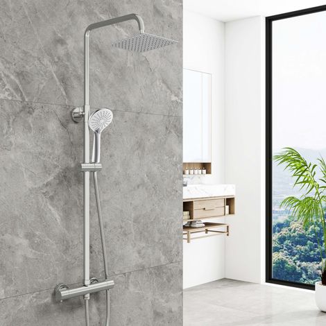 AICA Bathroom Thermostatic Mixer Shower Set Square Chrome Twin Head Exposed (1/5)
