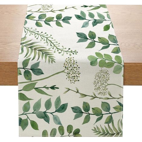 Chemin de table printanier eucalyptus vert - 40 x 140 cm - Résistant aux intempéries - Lavable - Style maison de campagne - Pour cuisine, table basse, extérieur - Décoration de fête (1/4)