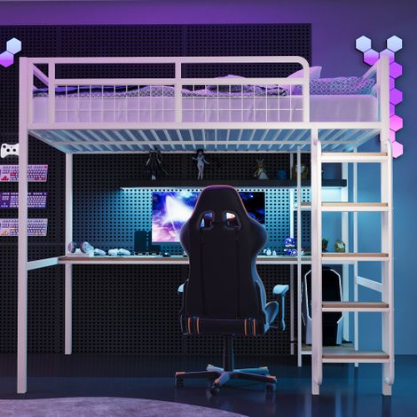 Metall-Hochbett,Sicherheitsleiter mit Treppenstufen, Einzelbett, Kinderbett mit Tisch und Regalen, Metallgitter-Sicherheitszaun